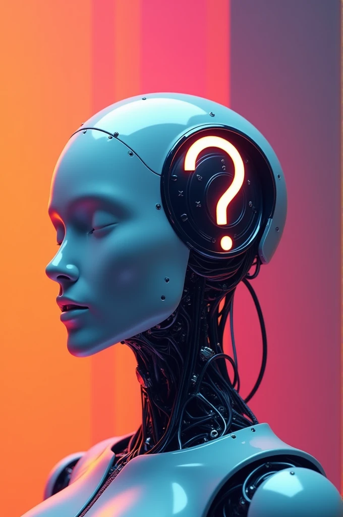 “Create a modern image of a robot head with a question mark. Design should be clean and futuristic, with vibrant colors and a minimalist style.”