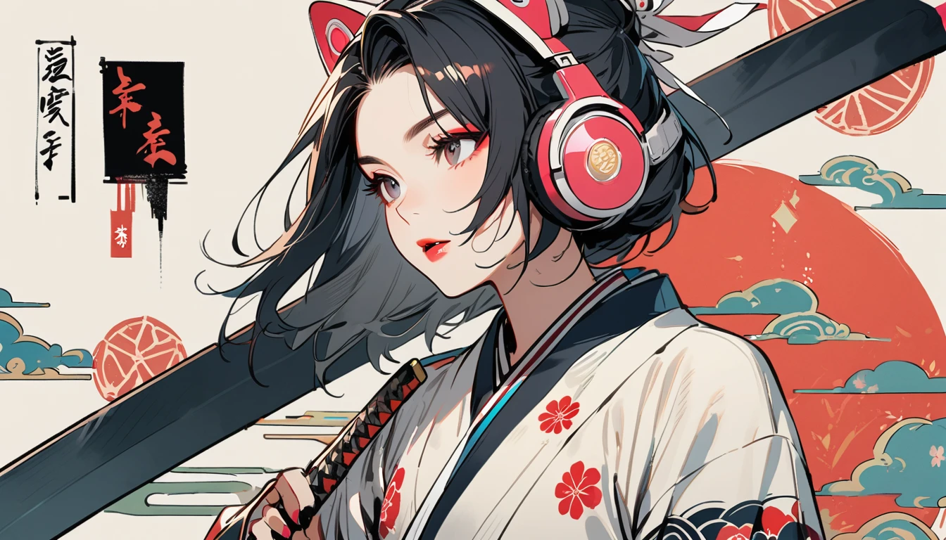 (((1 girl))), (((Flashy makeup))), (((Japanese style headphones))), (((Japanese pattern hoodie))), (((Japanese sword))), (((Female samurai))), Japanese beautiful girl, Black Hair, Delicate and precise, Modern ukiyo-e style, Japanese flag, battle style