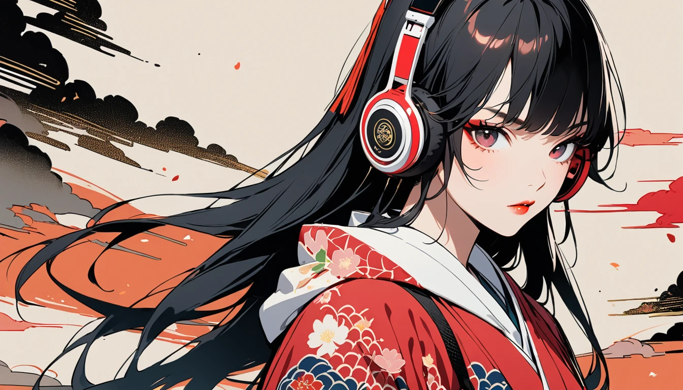 (((1 girl))), (((Flashy makeup))), (((Japanese style headphones))), (((Japanese pattern hoodie))), (((Japanese sword))), (((Female samurai))), Japanese beautiful girl, Black Hair, Delicate and precise, Modern ukiyo-e style, Japanese flag, battle style