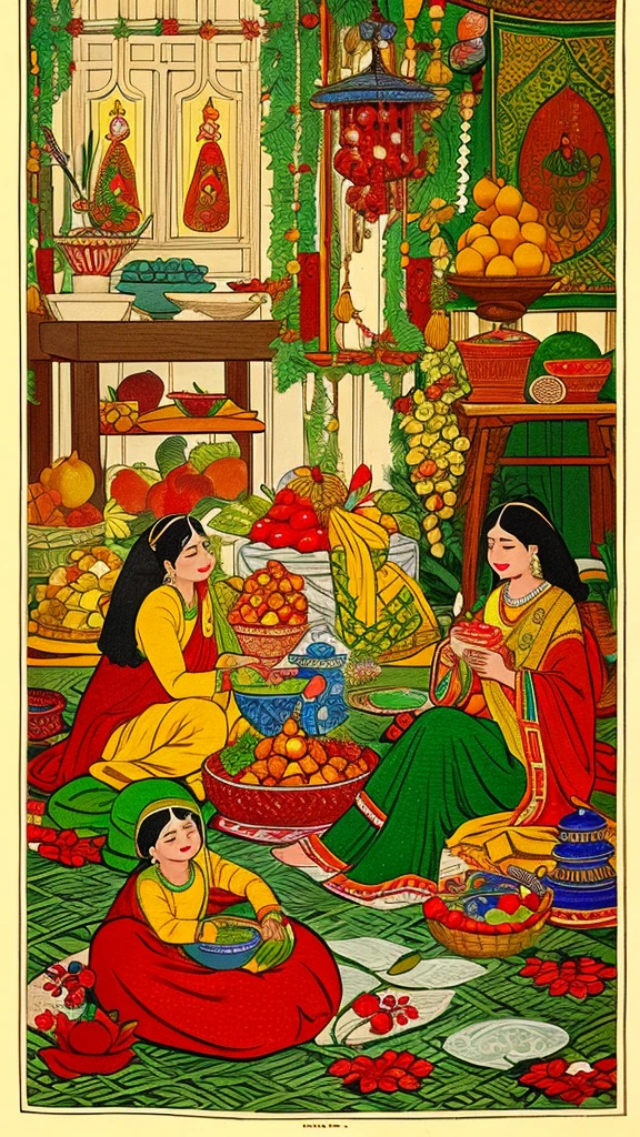 "An illustration of traditional Bengali literature or folklore that includes fruits, depicting characters enjoying fruits or using them in rituals and festivities."