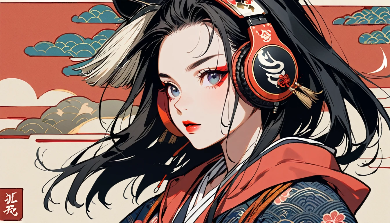 (((1 girl))), (((Flashy makeup))), (((Japanese style headphones))), (((Japanese pattern hoodie))), (((Japanese sword))), (((Female samurai))), Japanese beautiful girl, Black Hair, Delicate and precise, Modern ukiyo-e style, Japanese flag, battle style