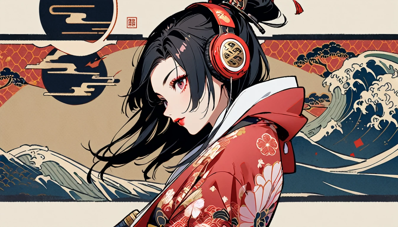 (((1 girl))), (((Flashy makeup))), (((Japanese style headphones))), (((Japanese pattern hoodie))), (((Japanese sword))), (((Female samurai))), Japanese beautiful girl, Black Hair, Delicate and precise, Modern ukiyo-e style, Japanese flag, battle style