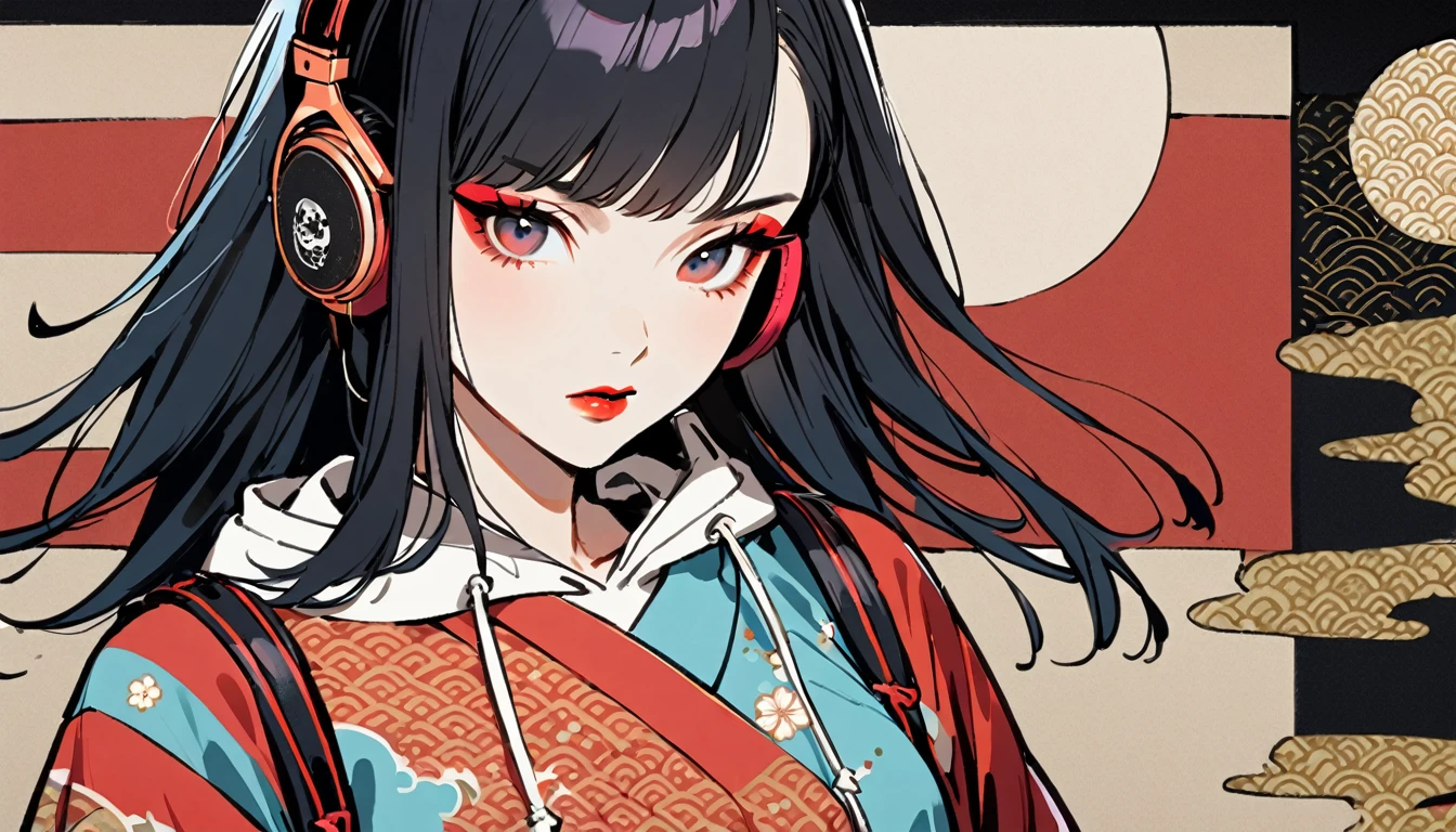 (((1 girl))), (((Flashy makeup))), (((Japanese style headphones))), (((Japanese pattern hoodie))), (((Japanese sword))), (((Female samurai))), Japanese beautiful girl, Black Hair, Delicate and precise, Modern ukiyo-e style, Japanese flag, battle style
