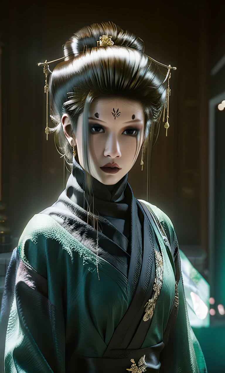 There is a lady in a green and black dress posing for a photo。, ross tran 和 wlop, cgsociety uhd 4k very detailed, 8K portrait rendering, Ross Tran 8k, Unreal Engine Rendering + goddess, cgsociety 8k, cgsociety 8 k, cgsociety 8k, Unreal Engine Character Art, cgsociety portrait,Looking straight at the camera