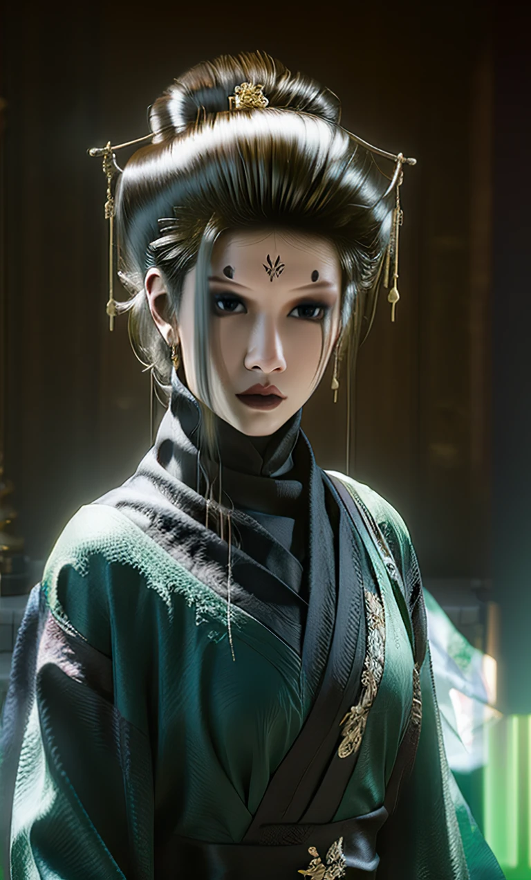There is a lady in a green and black dress posing for a photo。, ross tran 和 wlop, cgsociety uhd 4k very detailed, 8K portrait rendering, Ross Tran 8k, Unreal Engine Rendering + goddess, cgsociety 8k, cgsociety 8 k, cgsociety 8k, Unreal Engine Character Art, cgsociety portrait，Looking straight at the camera