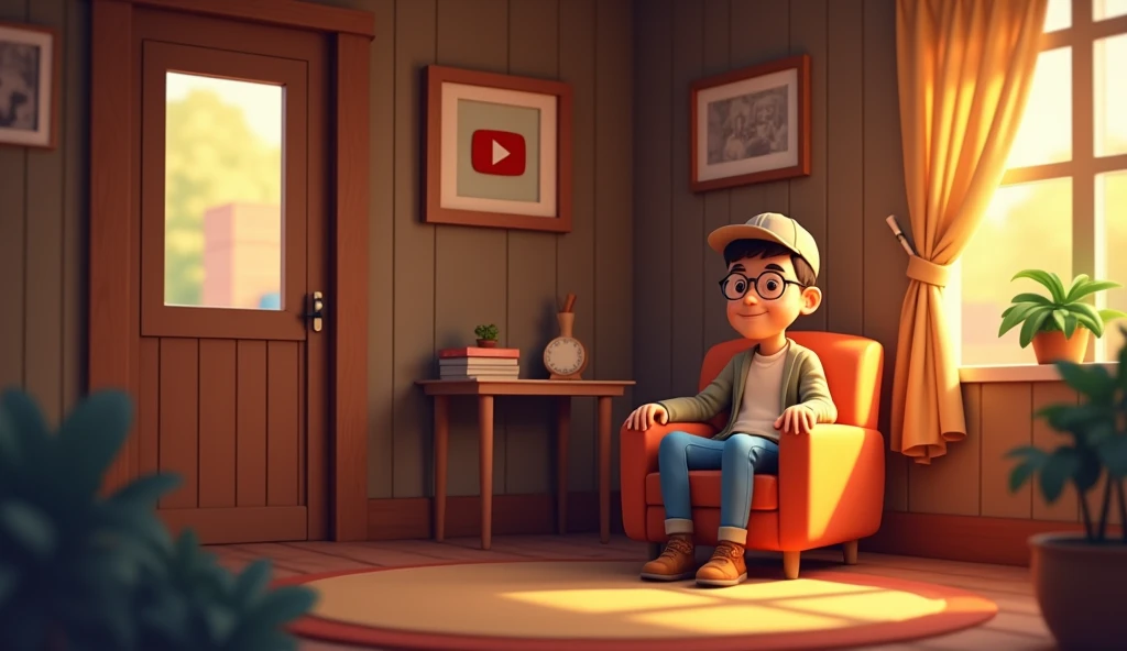 
"A cozy room with warm, soft lighting and wooden walls. A cartoon man  is sitting comfortably in a chair, And its face is towards the front , he is wearing a cap on its head and glasses. Behind the bear, a YouTube Play Button award is hung up on the wall. The bear has a calm and thoughtful expression, creating a blend of modern and rustic elements in the inviting atmosphere of the room."