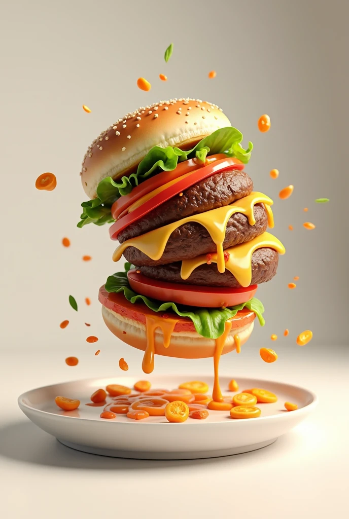 juicy burger falling on the plate, in 3d