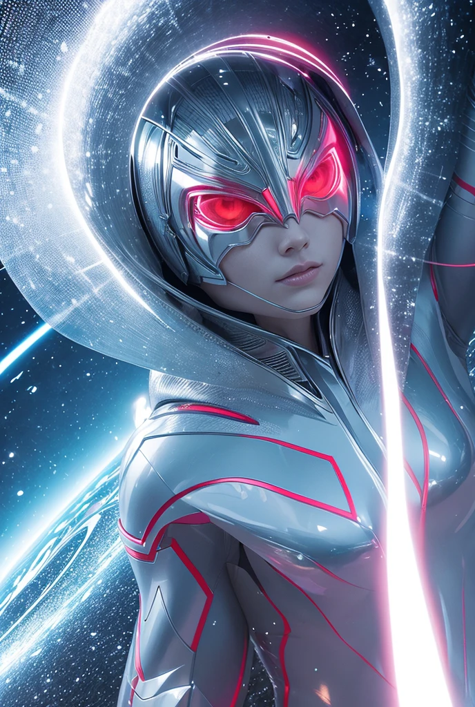 From within the vortex of light、Enter with your fist raised、A female alien with a silver body and red lines、Female Ultraman、The body is transparent