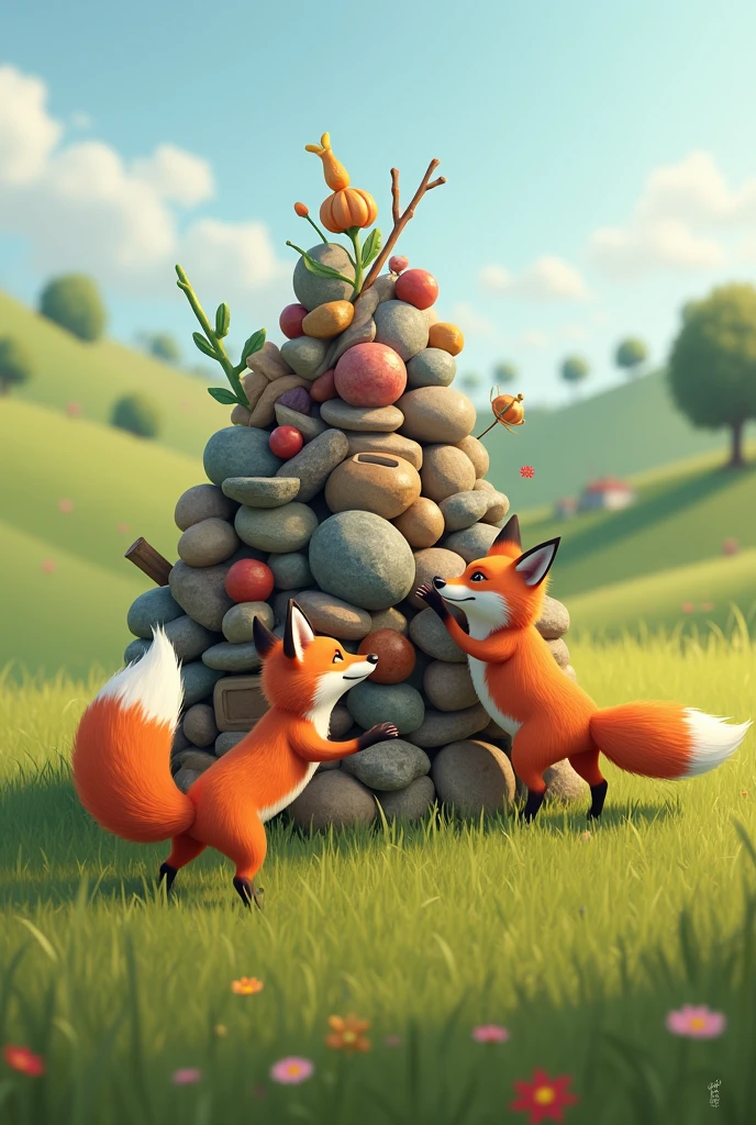 A pile kicking a fox in a field.
The scene will be in the field.
