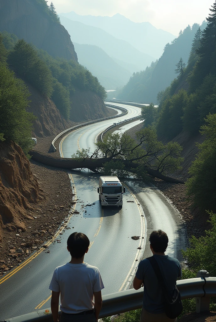landslide, fallen tree, highway, land closed the road, cars
