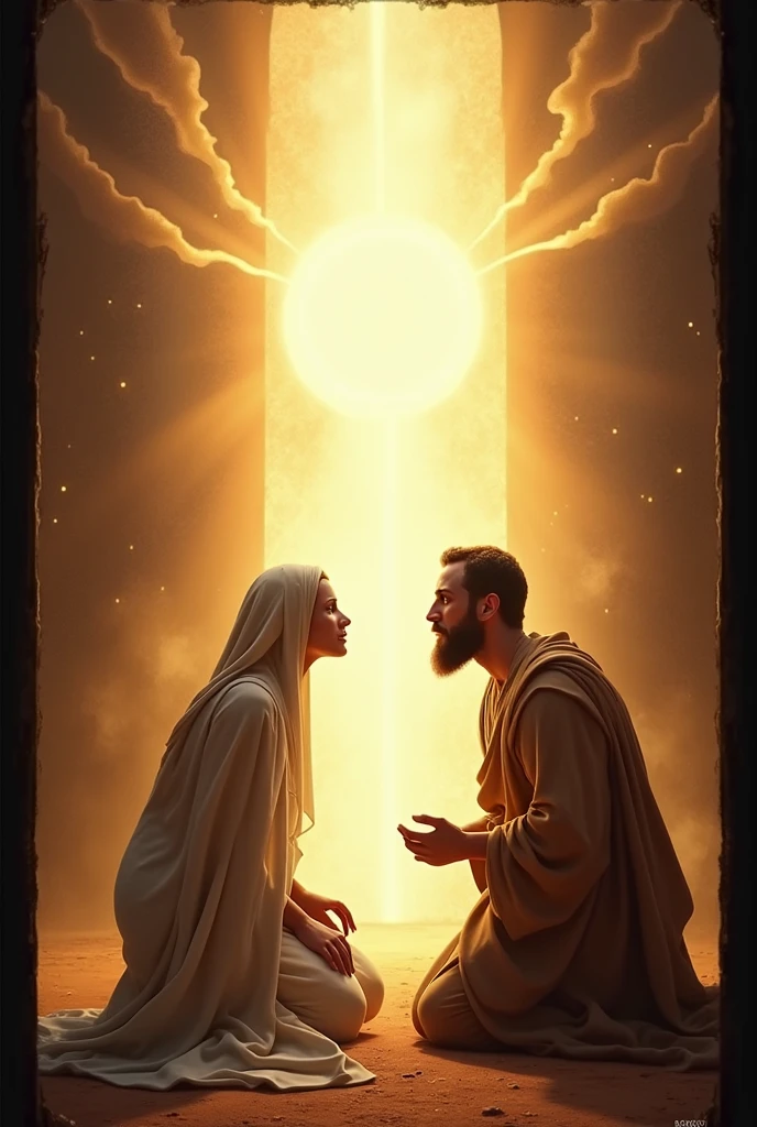 Moses and Sephora (Moses&#39; wife) from the Old Testament prostrate before the luminous God in a rectangular image
