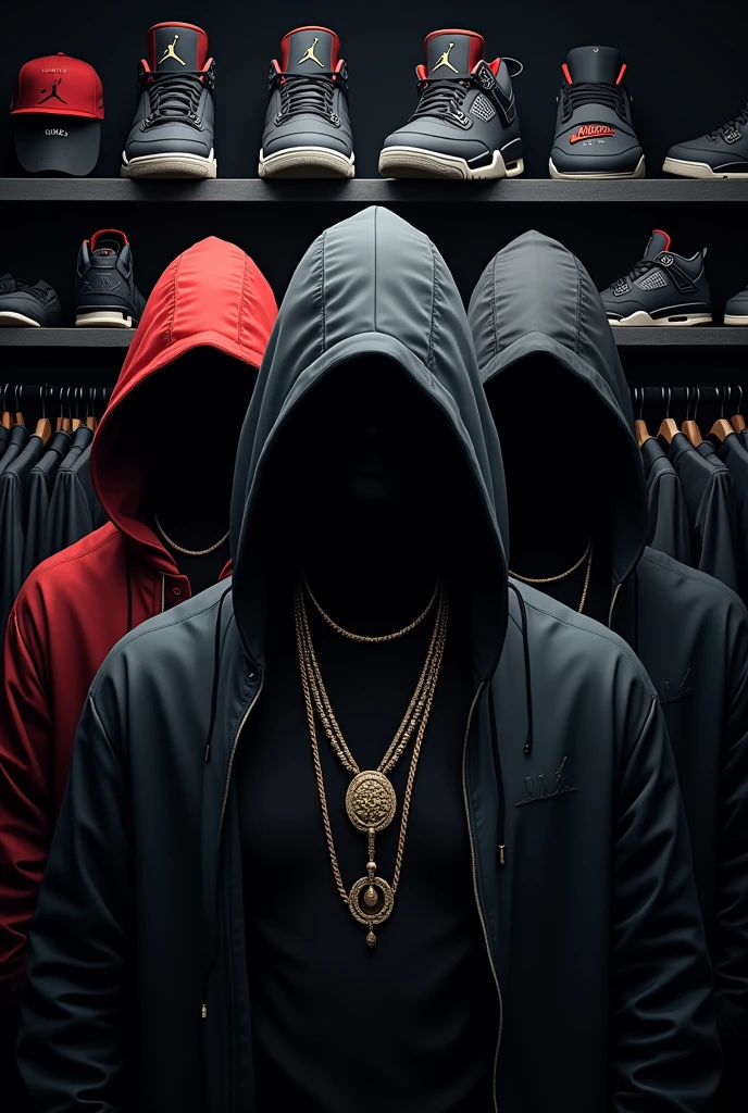 I need a logo for a store whose name is FEJ SNCK. I need the logo to have Jordan 4s and clothing in the background and to have dark and monochromatic colors, with the color combination including red or gold and to have 3 hooded people in the back with jewelry.