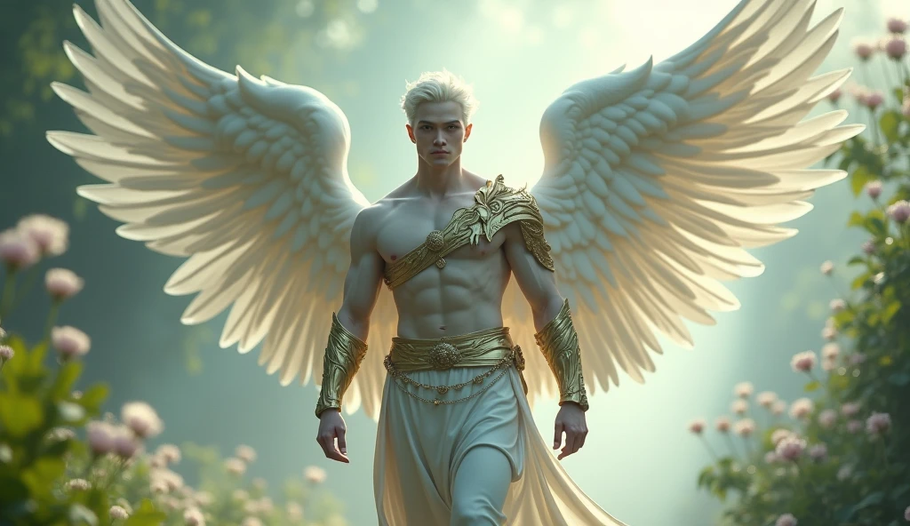 A gentle, white-winged male Asian feature albino angel (simple design) - Soft colors, with a subtle glow, white hair, pale white skin, purpled color eyes, most beautiful handsome male angel, white and gold large wings, built-in gold armor on chest and arms, large muscular biceps, chiseled ads, define jawline, pearl white lower garment, 32K UHD, masterpiece, best quality, style raw, walking through an enchanted garden of Eden. - Ethereal background, with a subtle texture