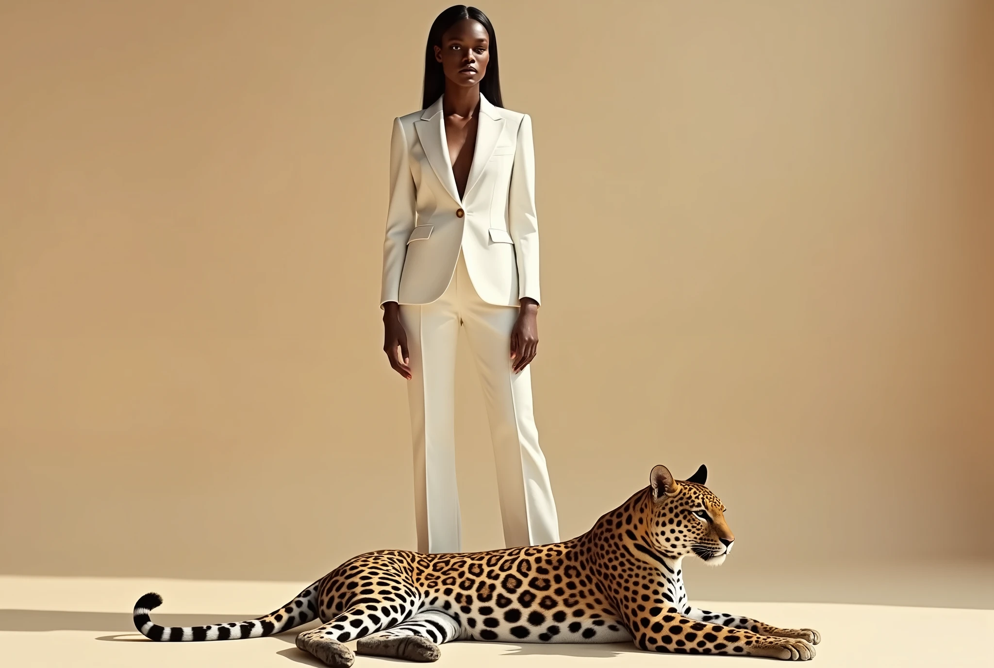 A hyper-realistic high-resolution photograph of a Balenciaga model standing straight against a smooth beige background, with a leopard lying gracefully at the model’s feet. The model’s face is detailed with lifelike skin textures and sharp features, maintaining a neutral expression. The leopard is relaxed, its fur displaying intricate, realistic patterns as it lies close to the model’s feet. The lighting is editorial-style, with soft yet defined shadows, enhancing the minimalist and elegant atmosphere. The composition emphasizes the contrast between the model’s poised stance and the calm presence of the wild leopard. --ar 2:3 --style raw --stylize 200 --v 6.1