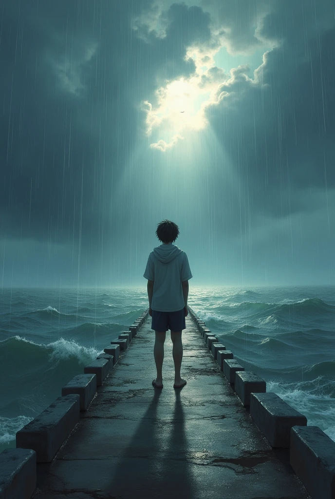 A rainy day at the end of the breakwater、Meet your soulmate、One person, High resolution, Gaze, Character profile, The sun shines through the gaps in the clouds、Shining a bright light on the two of us、masterpiece, Anatomically correct, detail, 高いdetail, quality, 高quality, Very detailed,