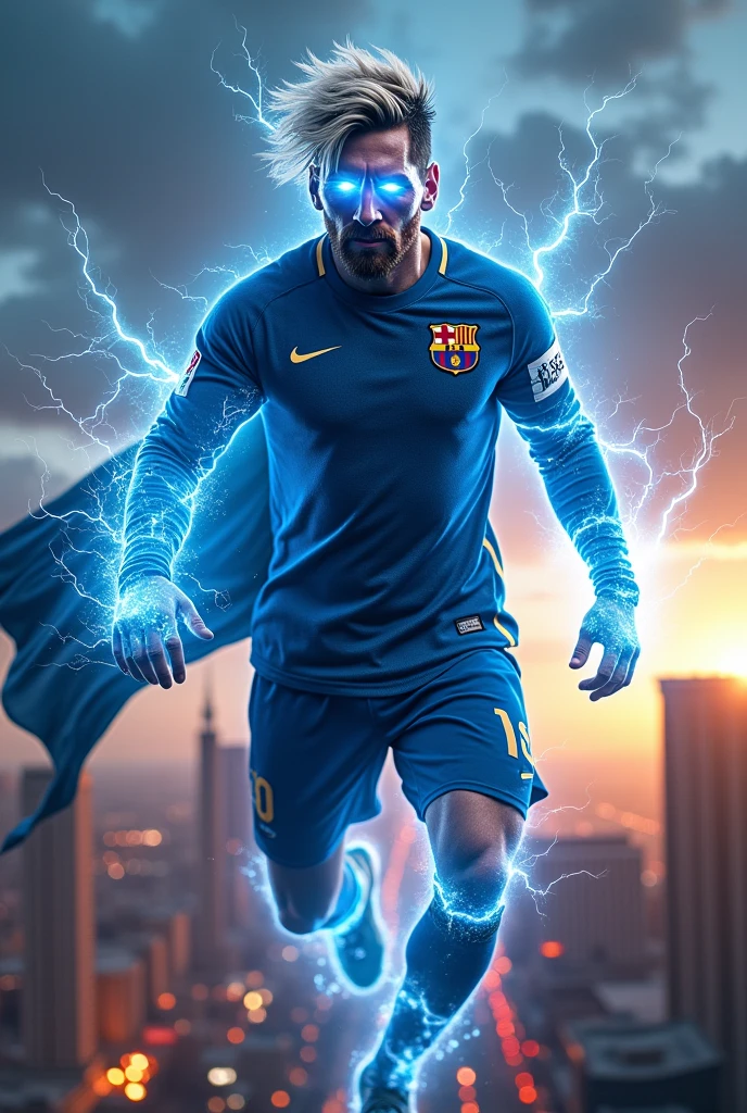 Flying Evil Messi in homelander suit with eyes with blue electric power with bleach hair and destroying las Vegas in sunsets