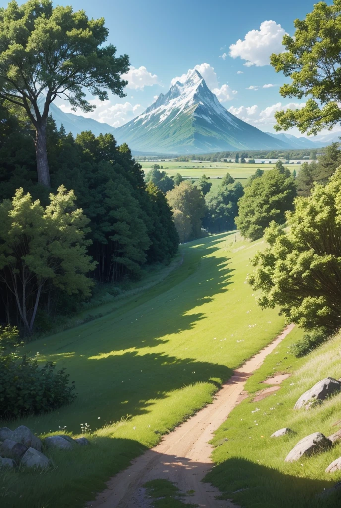 High resolution anime drawings, The green grassland has big trees at the entrance. It is a dirt road with a groove in the middle covered with grass. There is an old barn in the distance. There is a clear stream parallel to the path. You can see the mountain at the end of the grassland. The sky is clear with scattered white clouds.