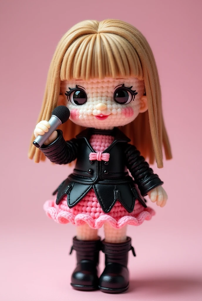 amigurumi, chibi-style, Lisa from Blackpink, with her signature light brown-blonde hair styled in her iconic straight cut with blunt bangs. She’s wearing a stylish black and pink dress with a mix of edgy and cute elements—black leather accents with pink ruffles and a fitted waist. She’s holding a tiny microphone in one hand, and wearing knee-high black boots. Her bright and confident expression captures her charismatic stage presence.