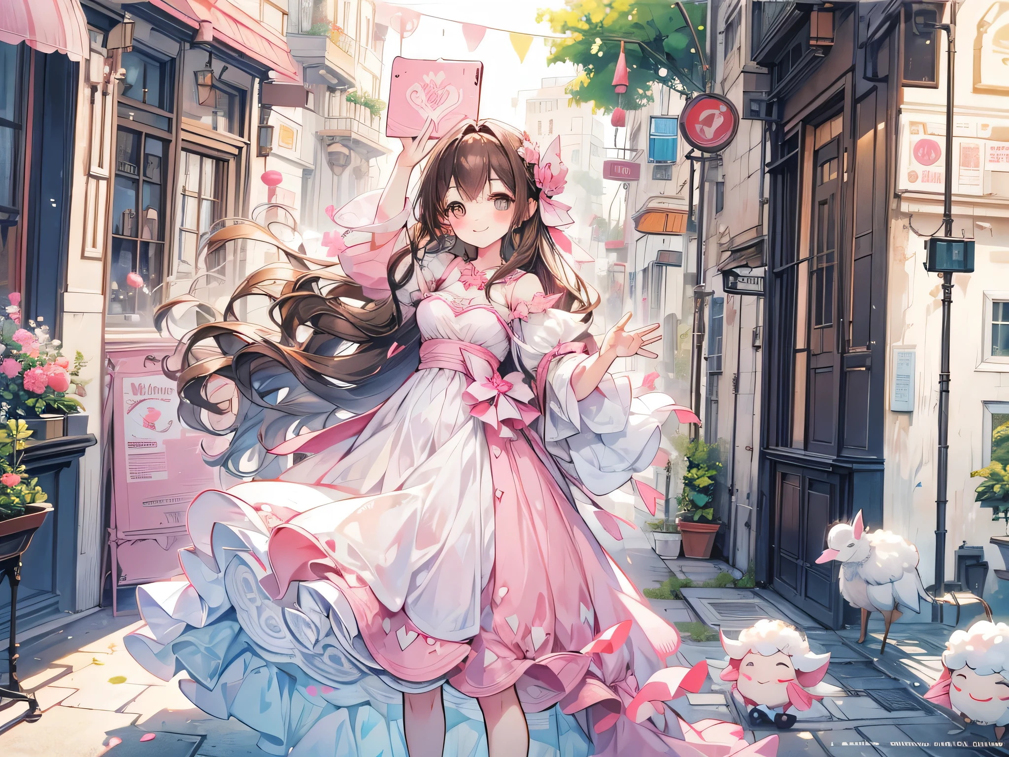 Half body illustration, A girl smile happy, flushie pink sheep, (Selfie), brown hair, white dress, town,