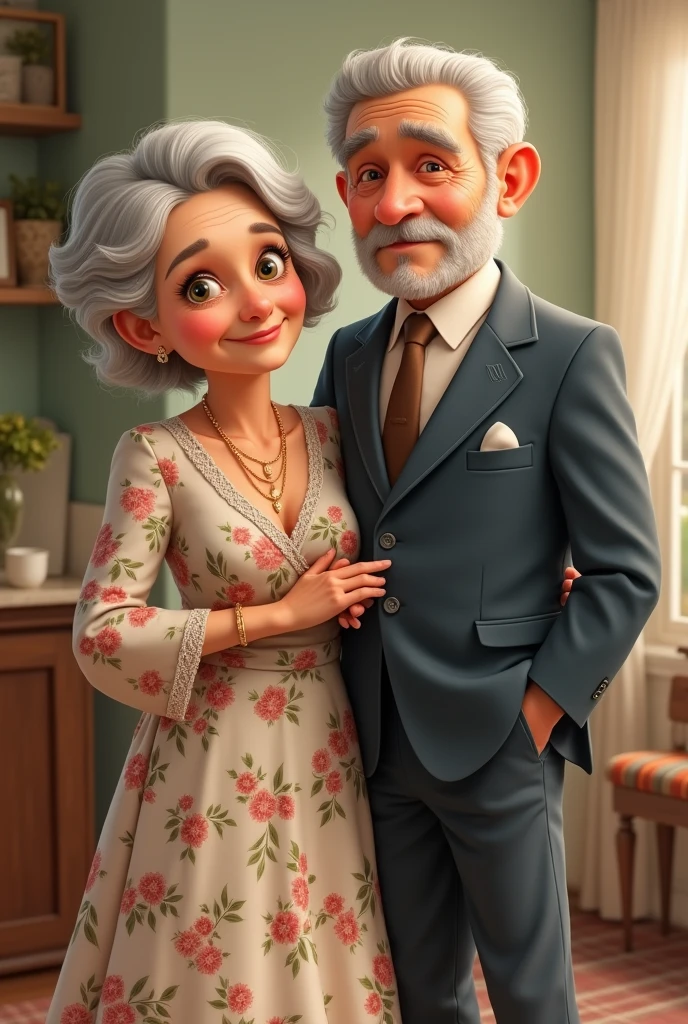 Grandma in a dress and Grandpa in a driver's suit