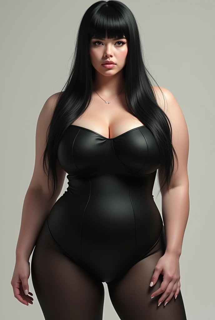 Woman with straight black hair and bangs. very full body