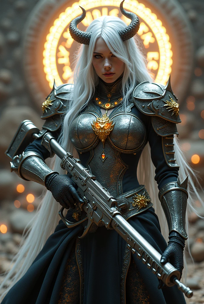 Surreal Very detailed Ultra Fantasy Ultimate Details Ultra-high resolution 8K 32k 3D Clear Eyes Silver Hair Assassin Gorgeous, textured and intricately designed armor Dragon heads on both shoulders mechanical engineering Mechanic Art . intricate and elaborate design, money, gold Silver Silver Red Black-purple Dynamic pose Robotics Cinema Lighting Demonic Spell Aura Holding a big bowgun with a unique design in his right hand Magic circle design A large, luxurious amulet made of gold Vivid Color Girl Gorgeous cool gemstone devilish gauntlets Devilish shoulder pads