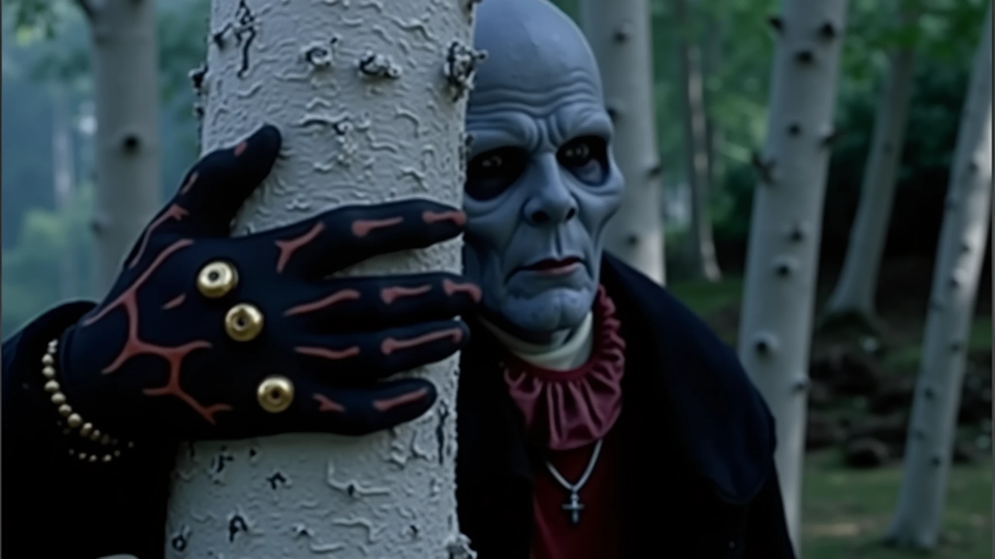giallo stalker slasher behind tree, scary, creepy, vivid lurid colors, exploitation film aesthetic, dark mood, Fumetti comic book style, 1960s 1970s Italian horror movie vibe, Dario Argento, Mario Bava, David Lynch, Quentin Tarantino, best quality, HR, 16x, horror comic book vibe