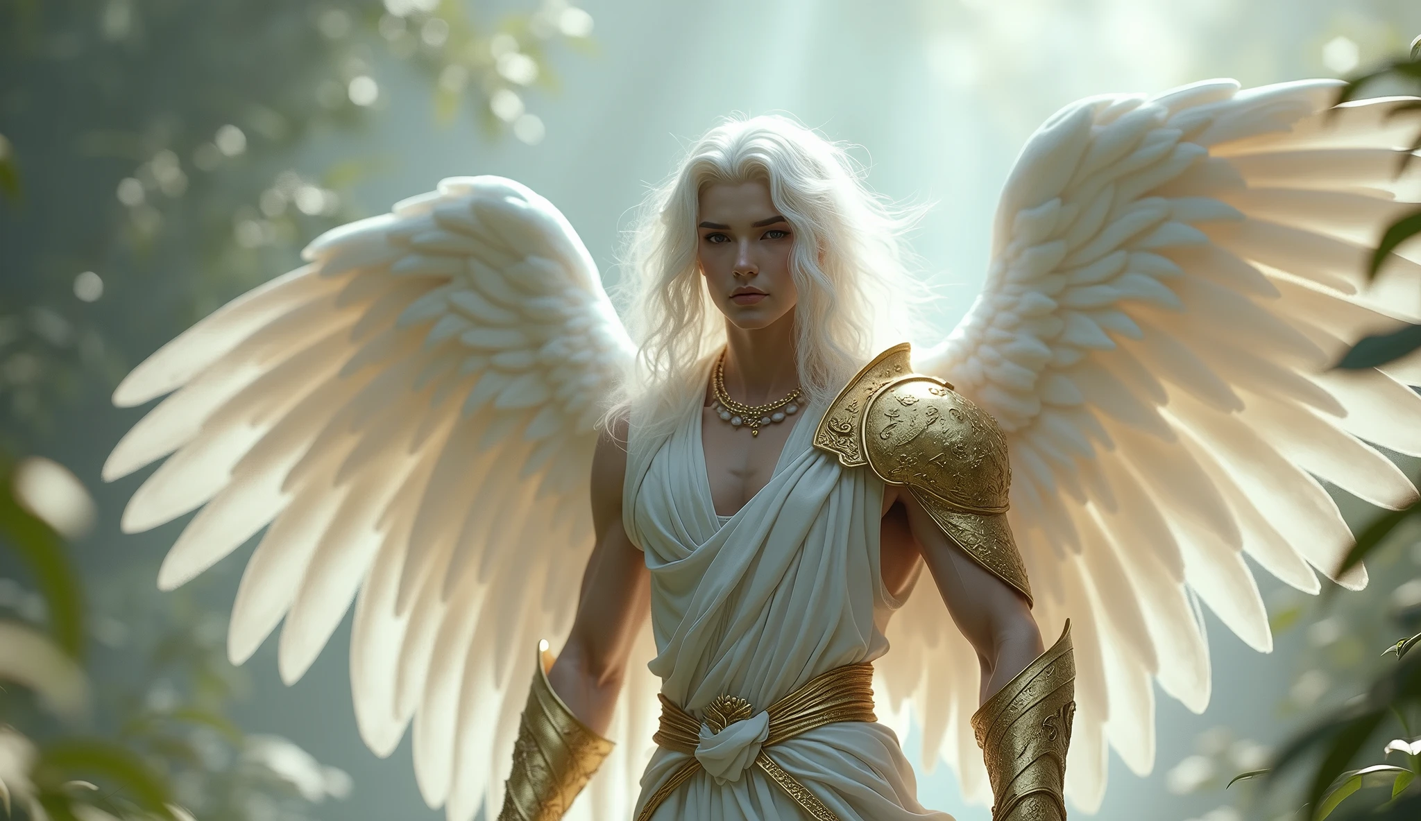 A gentle, white-winged male Asian feature albino angel (simple design) - Soft colors, with a subtle glow, white long hair, white skin, purpled color eyes, most handsome male angel, white and gold large wings, built-in gold armor on chest and arms, large muscular biceps, chiseled ads, define jawline, pearl white lower garment, 32K UHD, masterpiece, best quality, style raw, walking through an enchanted garden of Eden. - Ethereal background, with a subtle texture