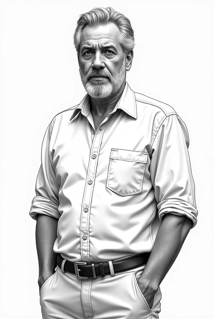 black and white drawing, American style: man, AGE: 55 years , handsome, Appearance: Agustín es un man de complexión media, with gray hair and a well-groomed beard. He usually dresses casually but professionally., with button-down shirts and casual pants. He has a calm presence and an air of confidence that can sometimes seem intimidating..
Personality: He is meticulous and cautious, with a strong professional ethic. He has a keen sense of justice and a deep understanding of information networks and manipulation.. Despite his ability to remain anonymous on forums, His public life is of interest on social networks. Their partners and friends are “famous” or moderately famous..