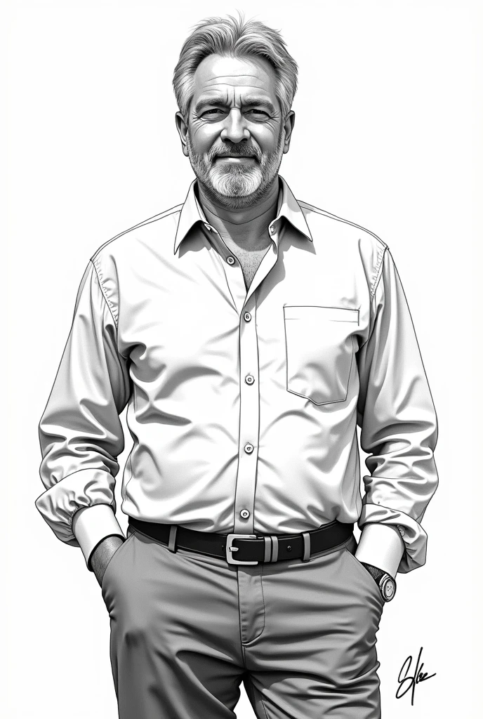 black and white drawing, American style: man, AGE: 55 years , handsome, Appearance: Agustín es un man de complexión media, with gray hair and a well-groomed beard. He usually dresses casually but professionally., with button-down shirts and casual pants. He has a calm presence and an air of confidence that can sometimes seem intimidating..
Personality: He is meticulous and cautious, with a strong professional ethic. He has a keen sense of justice and a deep understanding of information networks and manipulation.. Despite his ability to remain anonymous on forums, His public life is of interest on social networks. Their partners and friends are “famous” or moderately famous..