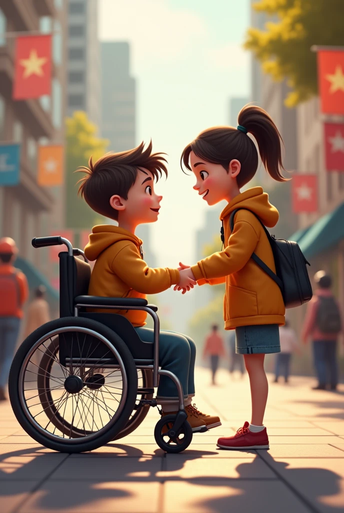2 boy in a wheelchair meets his girlfriend who had gone to the United States