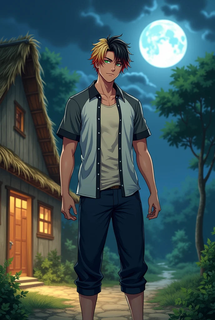 a fantasy anime boy with short and tidy "some blonde and some black hair with a little much red hair" mixed . White shirt with gray short sleeves and black edges, cream colored t-shirt underneath. The buttons are closed. Standing in front of the door of a house with straw walls and a hay roof. Among the greens and a single big tree facing. Old navy pants and old brown sandals. a strong exerciser and tall body that looks a little hot . looking at you dead seriously in a simple pose . . glowing green eyes that have red halo around the pupils . shining in moonlight at dark night landscape . fantasy . bright skin . a small smile on lips