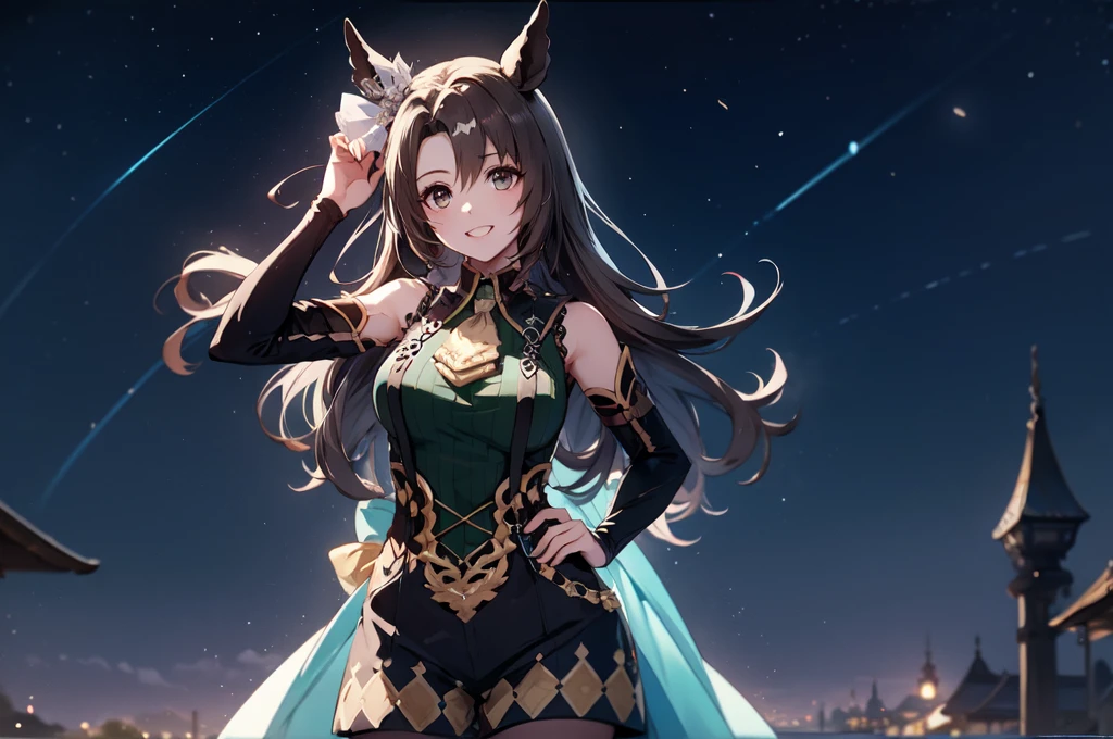 masterpiece、Highest Resolution、Highest quality、Highest quality、high quality anime、sharp、sharp効果、sharp塗り、sharp化、breeze、Chest is center right、solo。Adult woman with horse ears。Blue Dress、Blue shoulderless dress。brown shorts、Brown pantyhose。Large light blue cloak。Moonlit night starry sky background。Dark lipstick、Grin、Beautiful breasts。Brush your hair up with your hands、Touch your head with your hand、Hands on hips。Brown Eyes。Brown Hair、Long Hair、Half Twin、Half Up。hair ornaments。