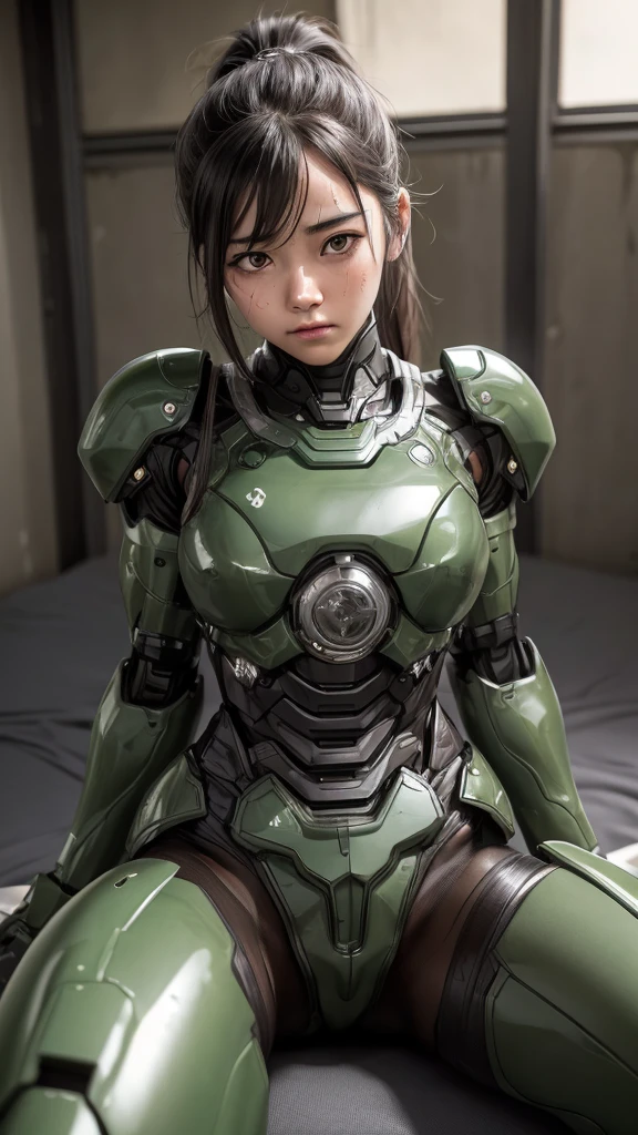 Textured skin, Very detailed, Attention to detail, high quality, 最high quality, High resolution, 1080P, hard disk, beautiful,(War Machine),beautifulサイボーグ女性,Dark Green Mecha Cyborg Girl,Fight,Girl with a mechanical body,、Plain junior high school girl ponytail、Sweaty brown eyes、Sweaty face、Embarrassed expression blush cute Black-haired ((Steam coming from the head)) (Steam coming out of the whole body) Sit on the bed (Spread your legs) I can see the vagina M-shaped legs