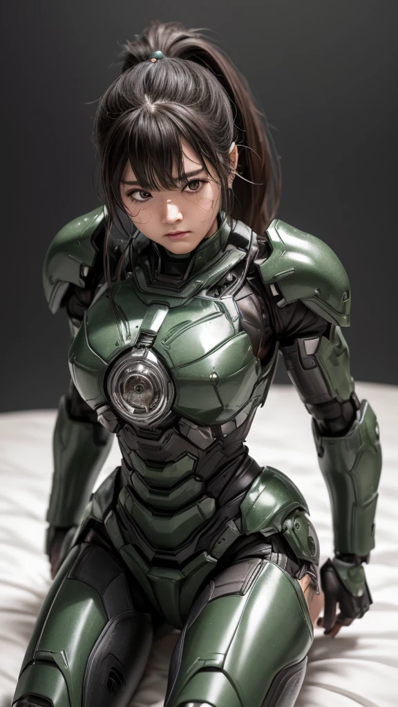 Textured skin, Very detailed, Attention to detail, high quality, 最high quality, High resolution, 1080P, hard disk, beautiful,(War Machine),beautifulサイボーグ女性,Dark Green Mecha Cyborg Girl,Fight,Girl with a mechanical body,、Plain junior high school girl ponytail、Sweaty brown eyes、Sweaty face、Embarrassed expression blush cute Black-haired ((Steam coming from the head)) (Steam coming out of the whole body) Sit on the bed (Spread your legs) I can see the vagina M-shaped legs
