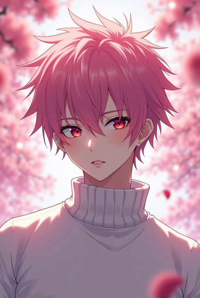 anime character, pink hair, spiky hair, Pale skin, red eyes, Long eyelashes, male, muscular, white small earrings, big glossy lips, cherry blossom trees, grey eyebrows, white sweater,