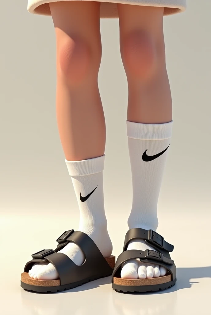 A girl with Nike socks on with Birkenstocks