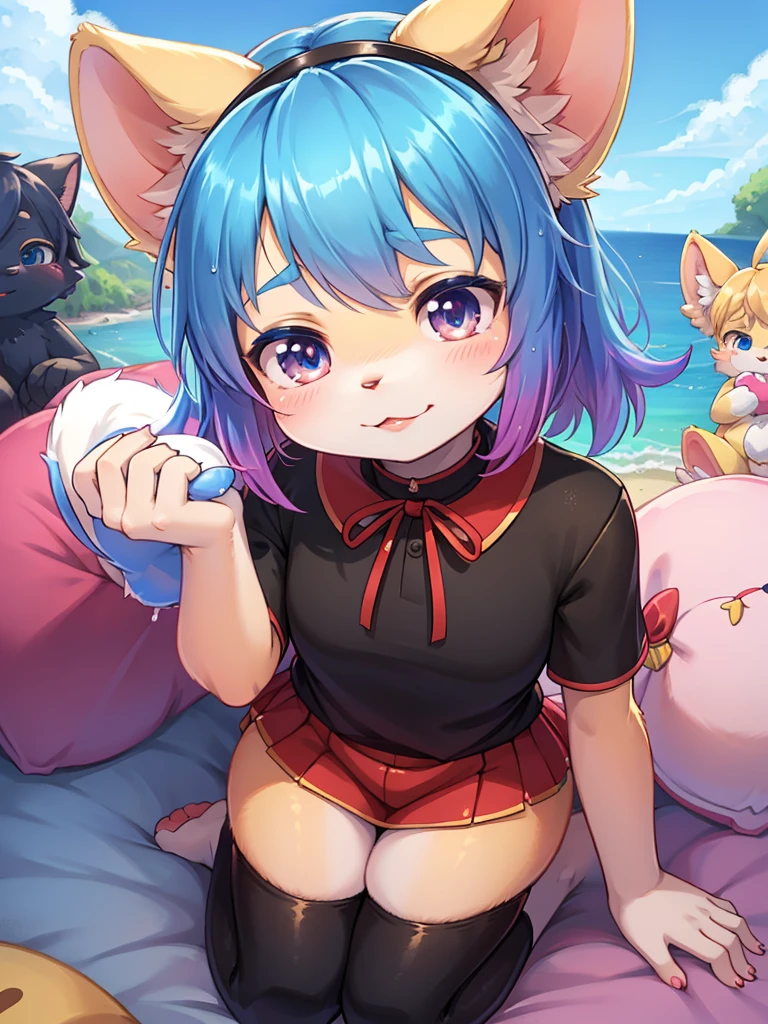 Furry-character, pink hair, on the knees, bent over, presenting butt, crotchless panties,, beach, night, kids on the background watching 