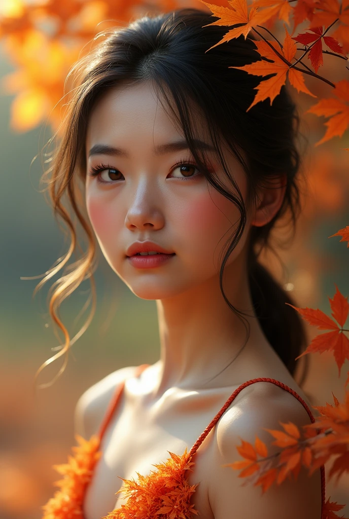 beautiful woman of 5 in full-face against the background of autumn landscape 