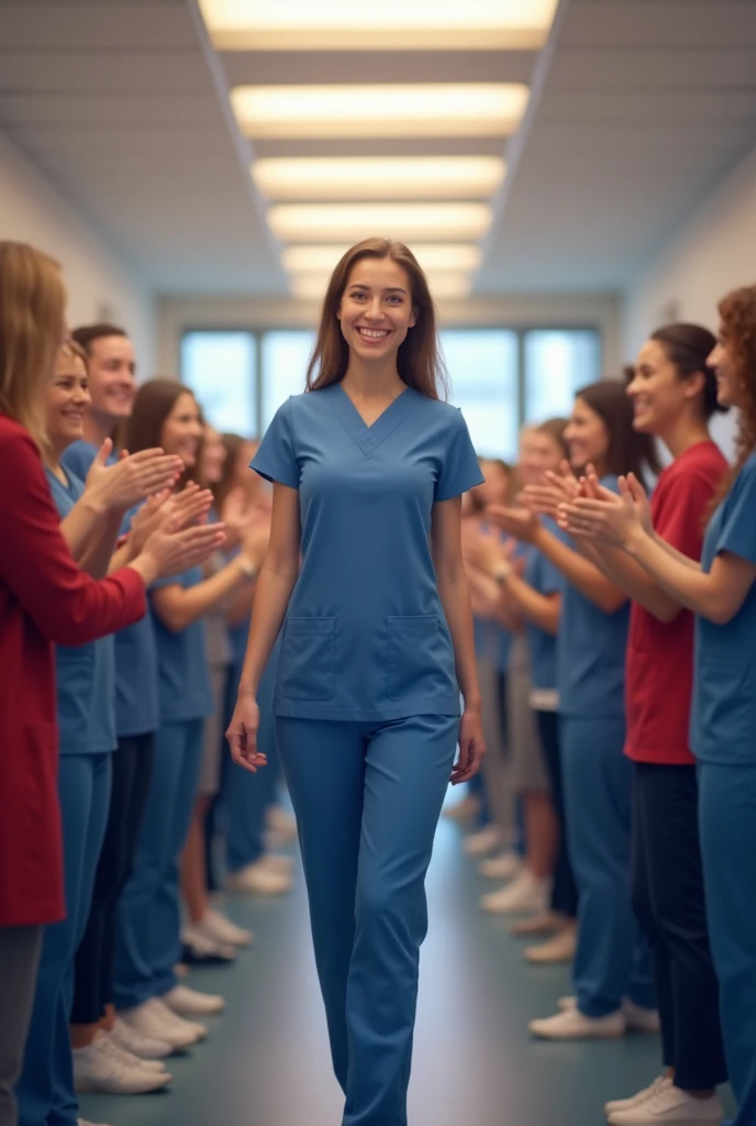 Congratulations on your first job. Nurse in blue uniform. People clapping. Girl
