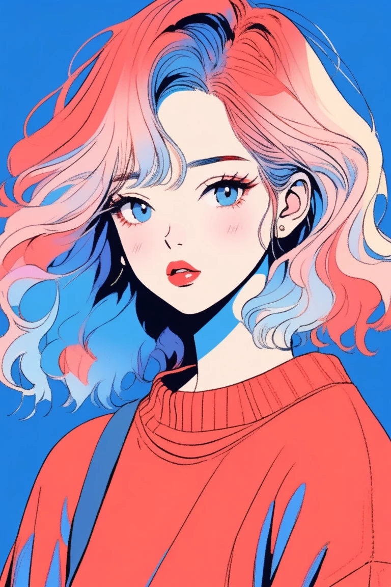 ilustrador, Japanese cartoons , Practical ,sketch , 1 Girl, ,lips, sweater,Order, Blue gradient background, Neon hair,Texture cropping, Canada, (masterpiece,best quality)