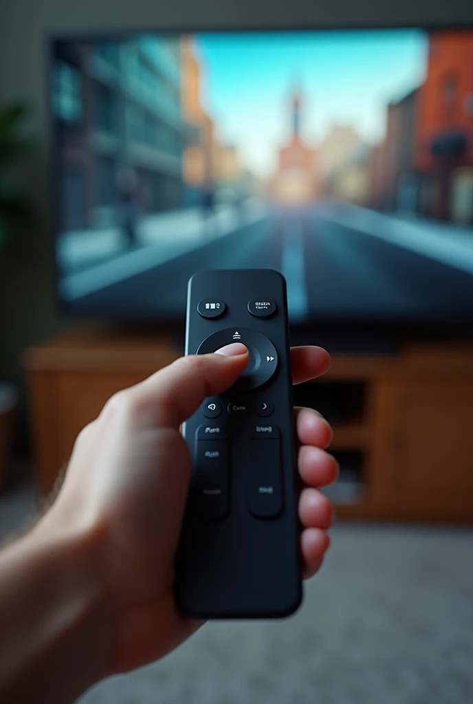 A hand holding a TV remote and pressing play on a TV 
