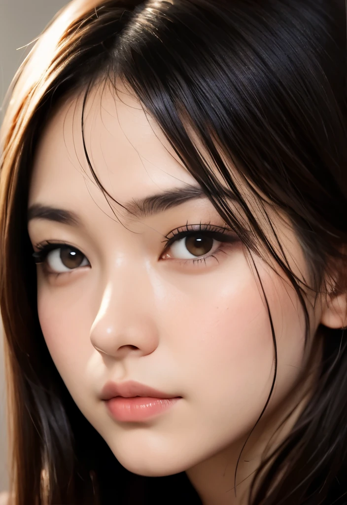 Passport picture, facing front, sensual face, looking forward, maintains eye contact with the viewer, smooth perfect skin, dark eyeliner,
