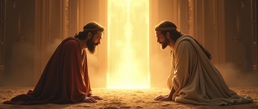 Moses and Sephora (Moses' wife) from the Old Testament prostrate before the luminous God in a rectangular image
