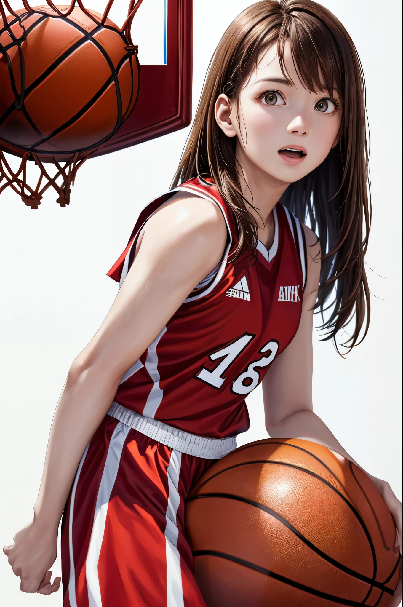 (((Frame In、Pure white wall background、Highest quality、8k、32K、masterpiece)))、(Realistic)、(Realistic:1.2)、(High resolution)、Very detailed、Very beautiful face and eyes、1 person、Round and small face、Tight waist、Delicate body、(close、Highest quality、Attention to detail、Rich skin detail)、(Highest quality、8k、Oil paints:1.2)、Very detailed、(Realistic、Realistic:1.37)、Bright colors、(((Brown Hair)))、(((Brown Hair)))、(((Cowboy Shot)))、(((Bob Hair)))、(((Pure white wall background)))、(((Wearing a basketball uniform)))、(((red basketball outfit)))、(((Surprised face)))、(((1 female)))、(((Tank top style uniform)))、