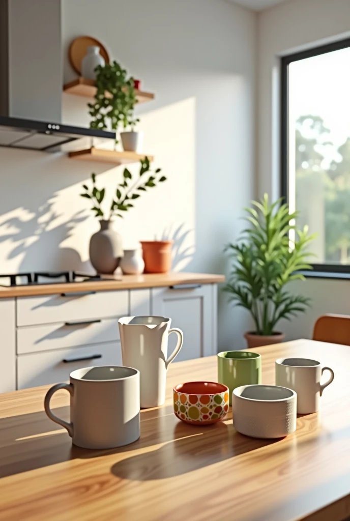 Generates a realistic image of a modern kitchen. On the table, Place several cups of different sizes and colors, casually organized