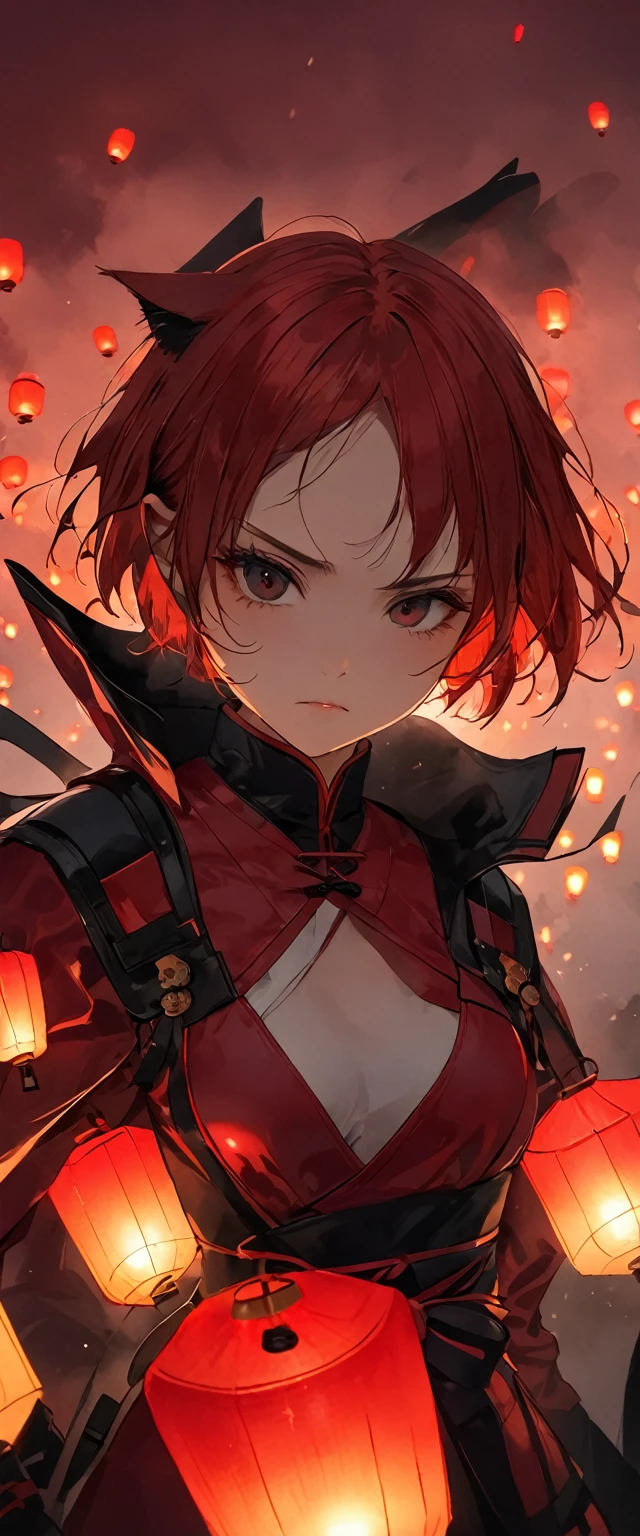 A woman in a shiny scarlet samurai costume。Crouching。Messy red short hair。forehead。Cat ear。Cat Eyes。 White Wilderness。A world of thick fog,。Bust Shot。Dark Eyes。clothes are blowing in the wind。Serious expression。knife。Many small floating lanterns。alone。neo tokyo。Japan。Red Sky。Chiaroscuro,