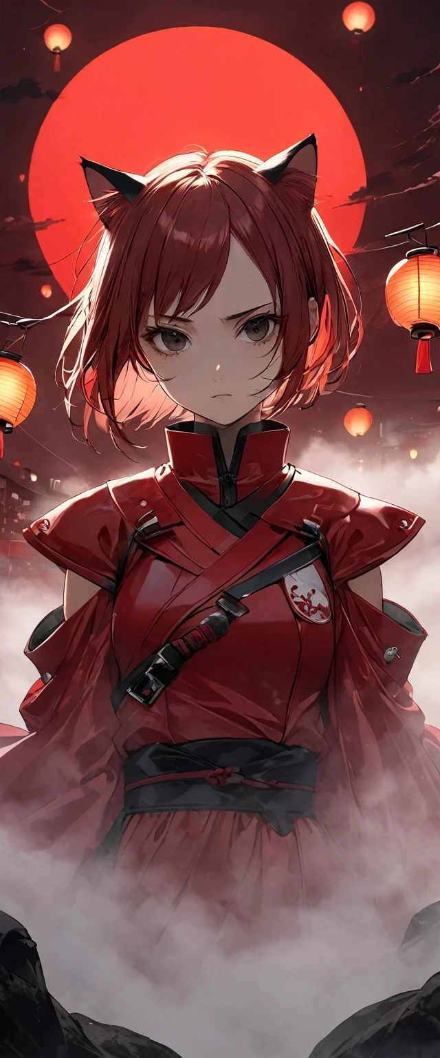 A woman in a shiny scarlet samurai costume。Crouching。Messy red short hair。forehead。Cat ear。Cat Eyes。 White Wilderness。A world of thick fog,。Bust Shot。Dark Eyes。clothes are blowing in the wind。Serious expression。knife。Many small floating lanterns。alone。neo tokyo。Japan。Red Sky。Chiaroscuro,