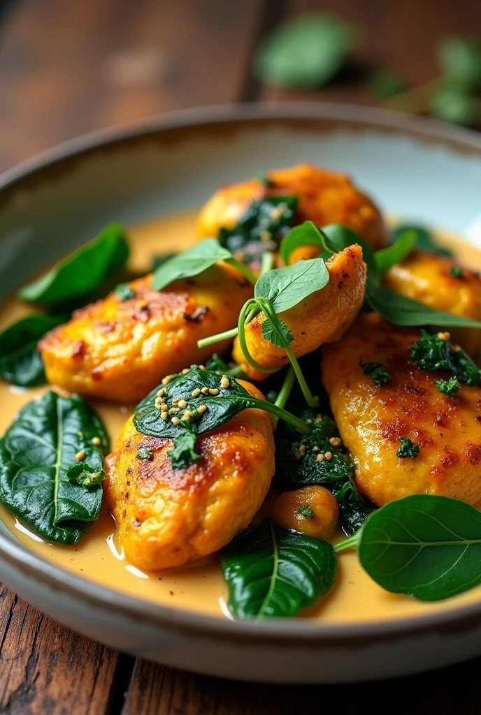 Create an image of this recipe: Curried Chicken Breast with Spinach Ingredients:
- Chicken breast: 200 g - Fresh spinach: 100 g - Onion: 50 g - Garlic: 10 g - Coconut milk: 100 ml - Curry powder: 5 g - Olive oil: 15 ml
- Sal: 5 g - Pepper: 2 g Preparation:
1. Cut the chicken breast into small pieces. Finely chop the onion and garlic.
2. In a frying pan, Heat the olive oil and fry the onion and garlic until golden..
3. Add the chicken and cook until golden brown..
4. Add the curry powder and mix well..
5. Pour in the coconut milk and simmer for 10 minutes..
6. Add the spinach and cook until wilted..
7. Season with salt and pepper to taste, and serve hot.