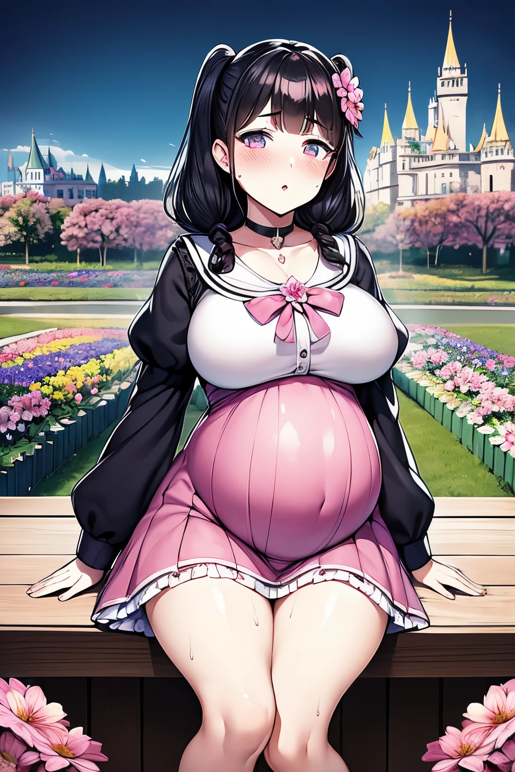 sunny,Sitting on a chair with legs spread,pubic hairを見せつけている,Erect nipples,black stockingsを穿いている,Mouth wide open, Magical girl, Sailor dress, Pregnant women,black_hair, length_hair, hair_Pulled_return,Broke up_lips,purple_eye, Braiding, Twin tails, Armpit Hair, pubic hair, 1 person, sleeved,40 years old,Mature Woman,beautiful Finger,beautiful length legs,beautiful body,beautiful Nose,beautiful character design, perfect eye, perfect face, View your viewers,(Innocent_big_eye:1.0),(Light_笑face:1.0), Official Art,Very detailed CG Unity 8k wallpaper, Perfect lighting,Farbeful, bright_front_face_Lighting, (masterpiece:1.0),(Highest_quality:1.0), 超High resolution,4K,Very detailed, photograph, 8k, High resolution, High resolution, absurdes:1.2, 400 for Kodak Port, Film Grain, blurry returnground, bokeh:1.2, Lens flare, (Vibrant_Farbe:1.2) (beautiful,big_chest:1.4), (beautiful_face:1.5),(cure heart), pink bow, jewelry, bow, heart brooch, choker, brooch, heart, earrings, hair ornament,black stockings,pubic hair,(Sweaty skin:1.4),(Embarrassing,blush:1.5),(vapour:1.3),((Pussy juice stain)),(A flower garden with a castle in the distance:1.5)